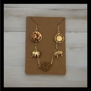 Boho Gold Tone Multi Charm Necklace World Map Elephant Sun Star Unique Jewelry